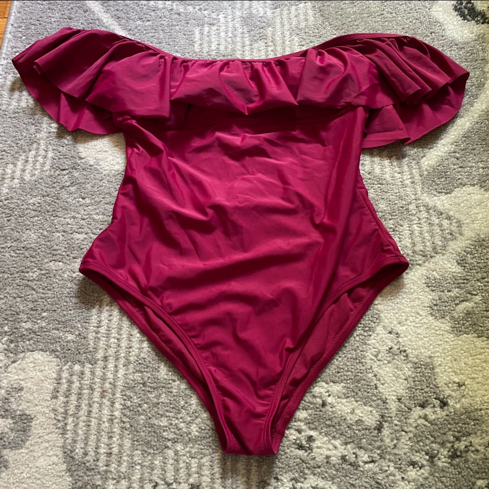 Ruffle Off the Shoulder Burgundy One Piece Swim Bathing Suit